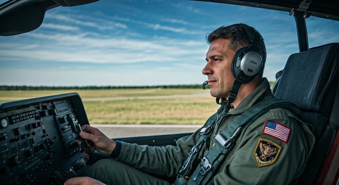 alt_text: Pilot w kokpicie, skoncentrowany na panelu sterowania, w chmurach, podkreślający swoją pracę.